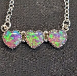 🆕 Opal Heart Sterling Silver Necklace Man-made Opal 925 Silver